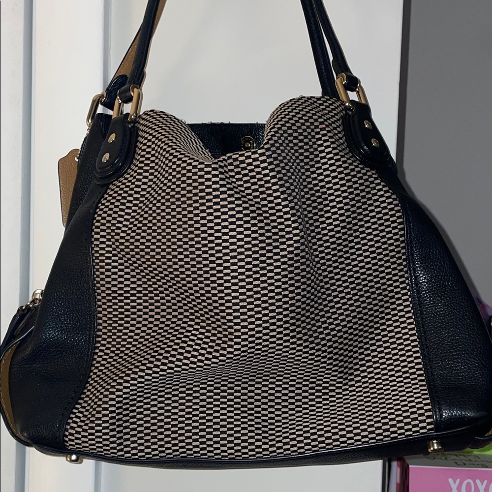 Elegant Black and Tan Checkered Coach Hobo Shoulder Bag